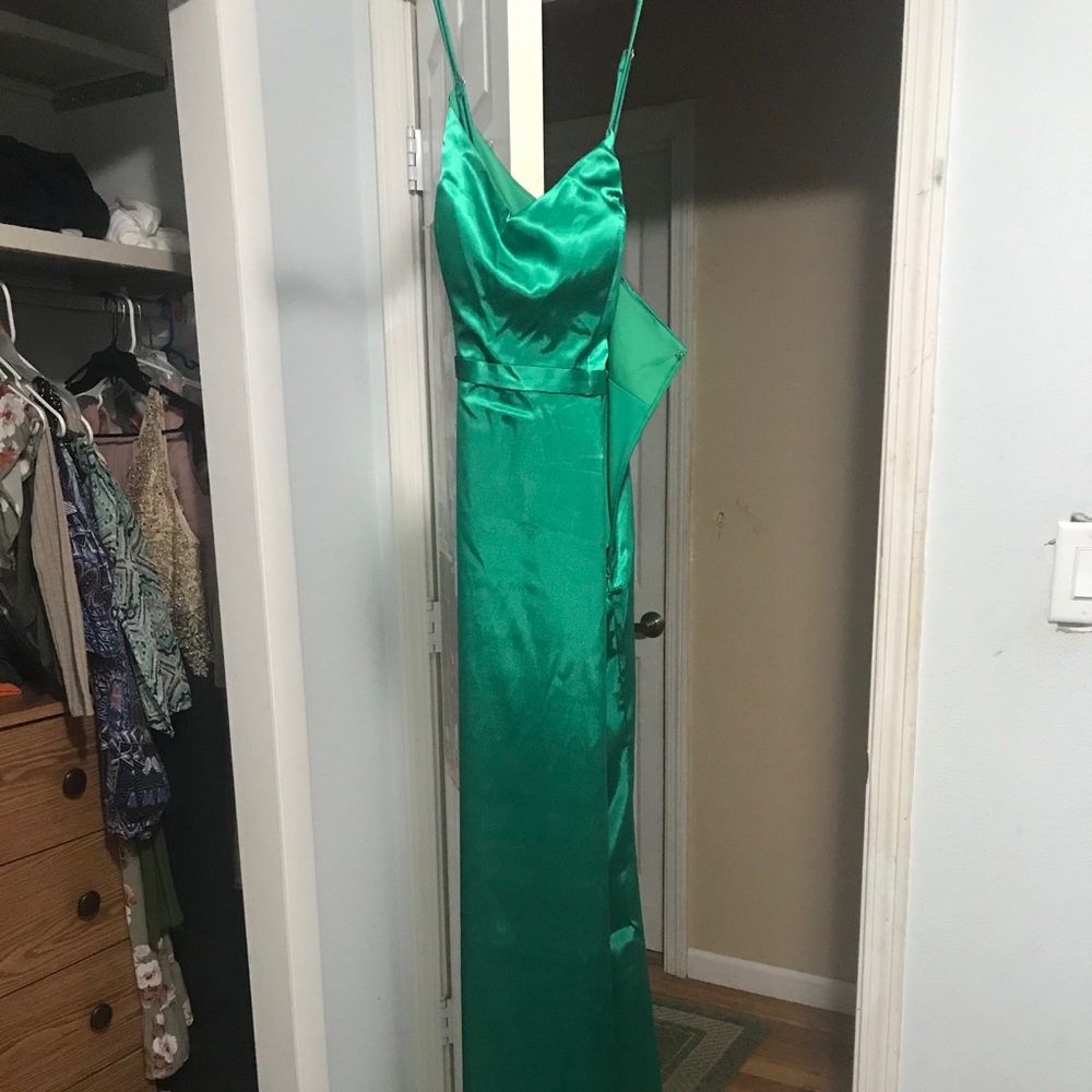 green, silky, fancy prom dress